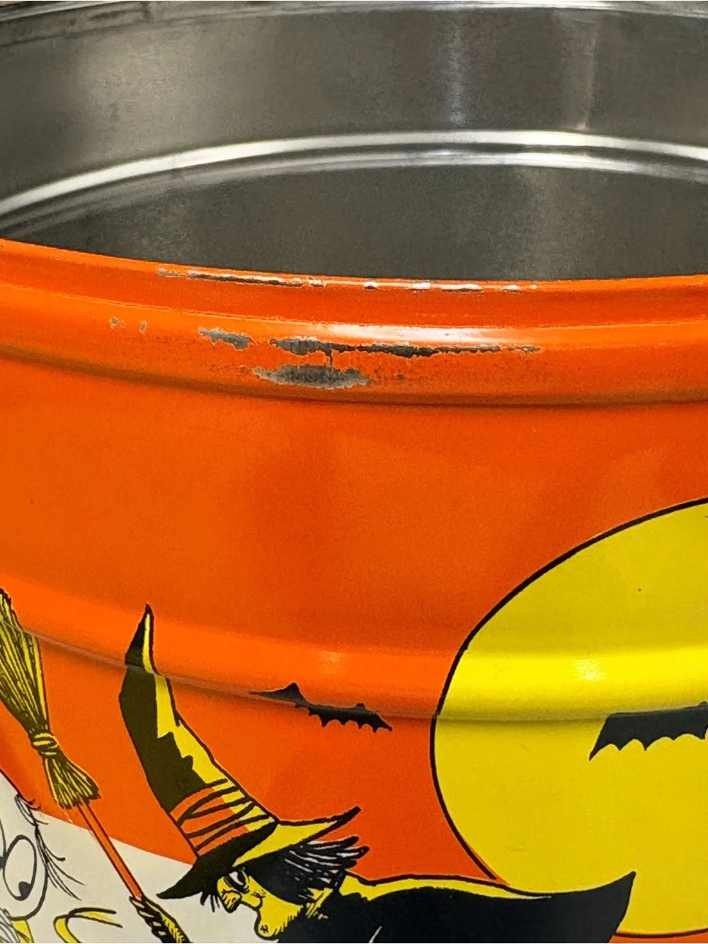 VTG Halloween Metal Tin Storage Litho Bucket Witch Ghost Skeleton Creepy Cool